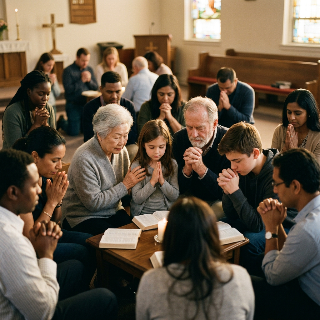People of different ages and ethnicities praying together around a table in a church